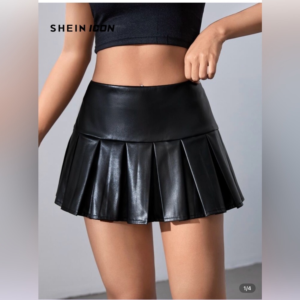 SHEIN Black Faux Leather Pleated Skirt